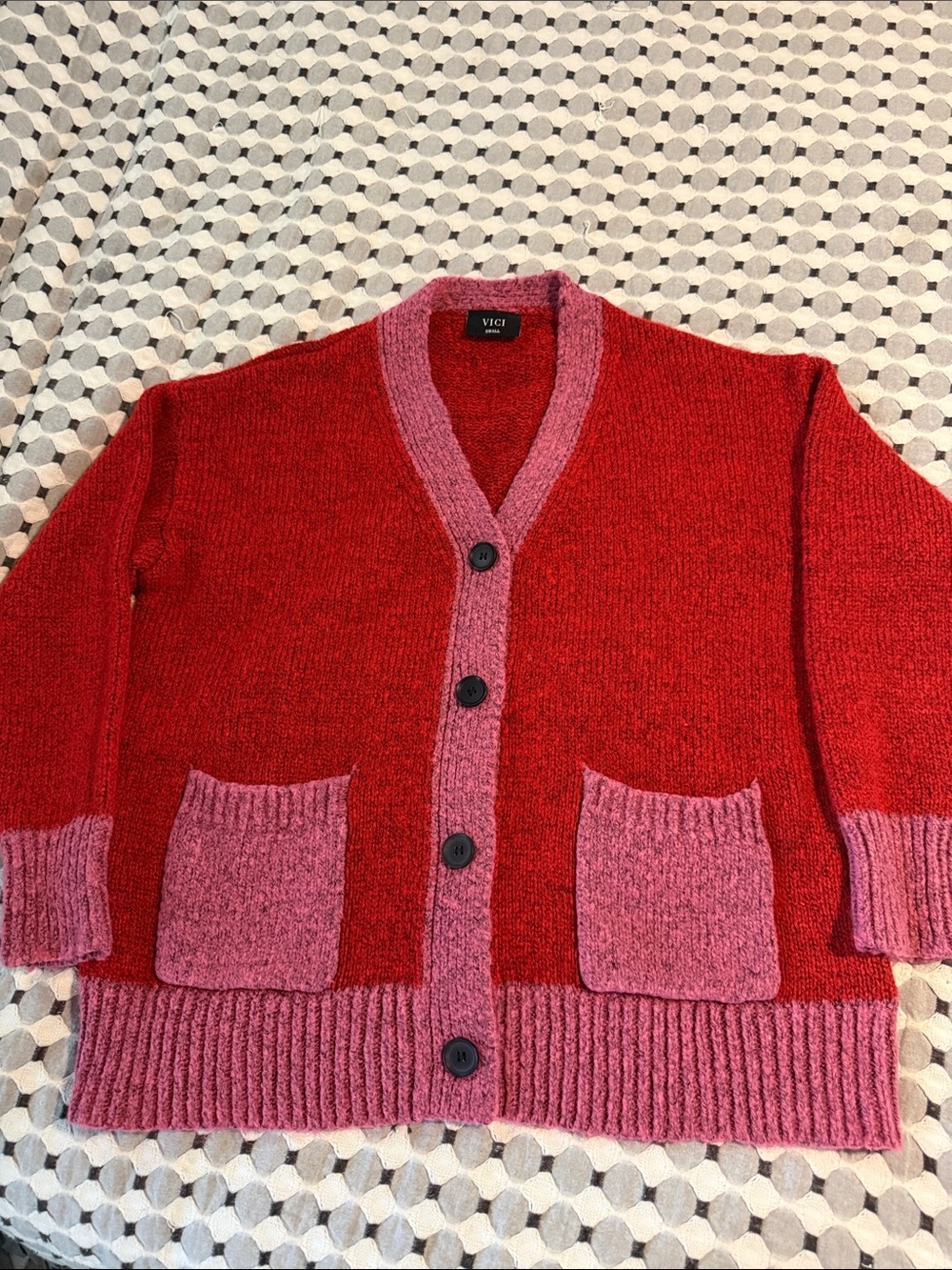 Vici Two-Tone Red and Pink Button-Up Cardigan
